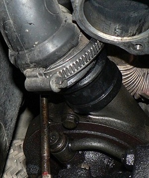 Close-up of the turbo outlet (pressured) pipe.
